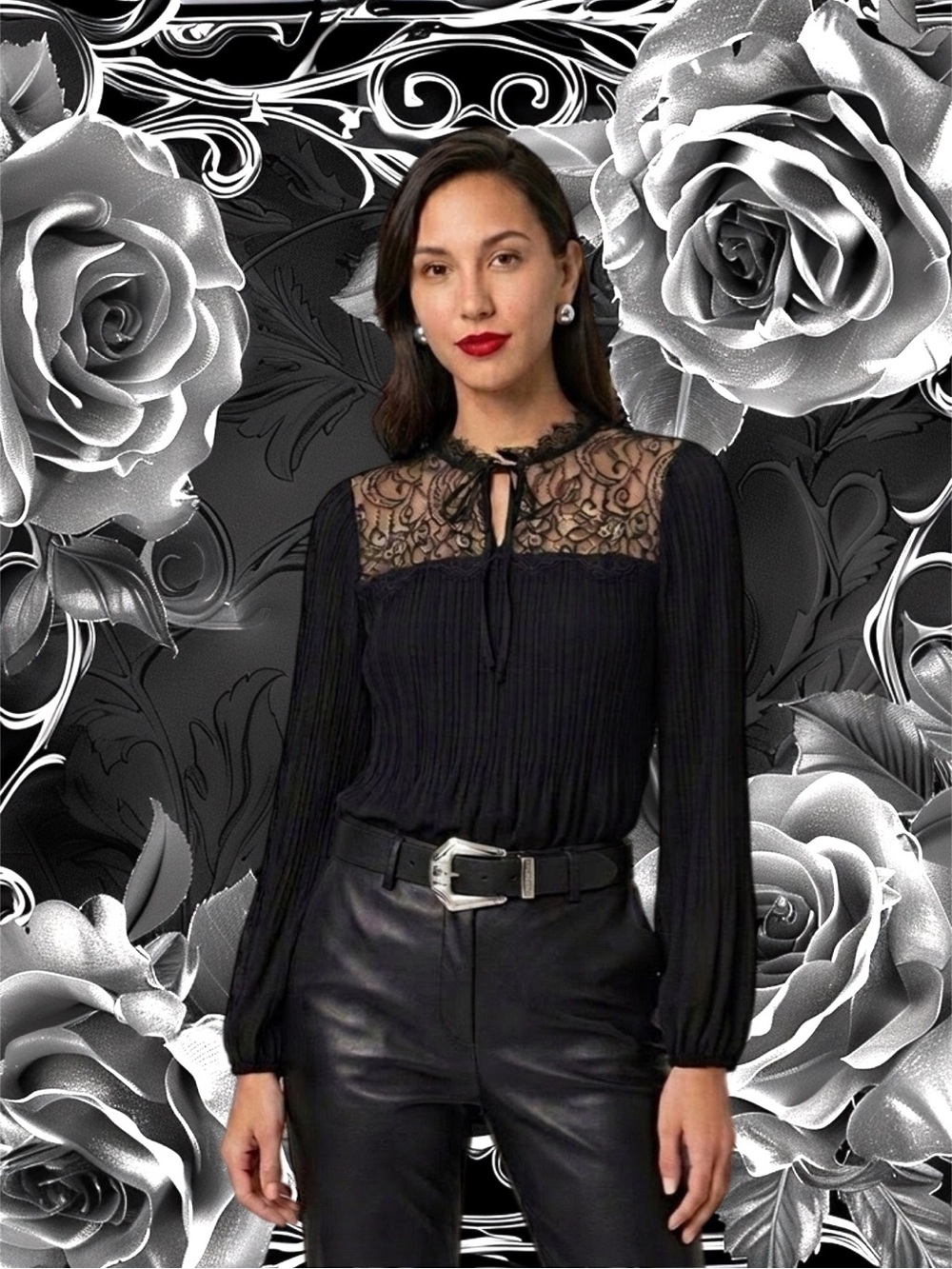 Maje Black Lace Yoke Long-Sleeve Blouse - Picture 6 of 6